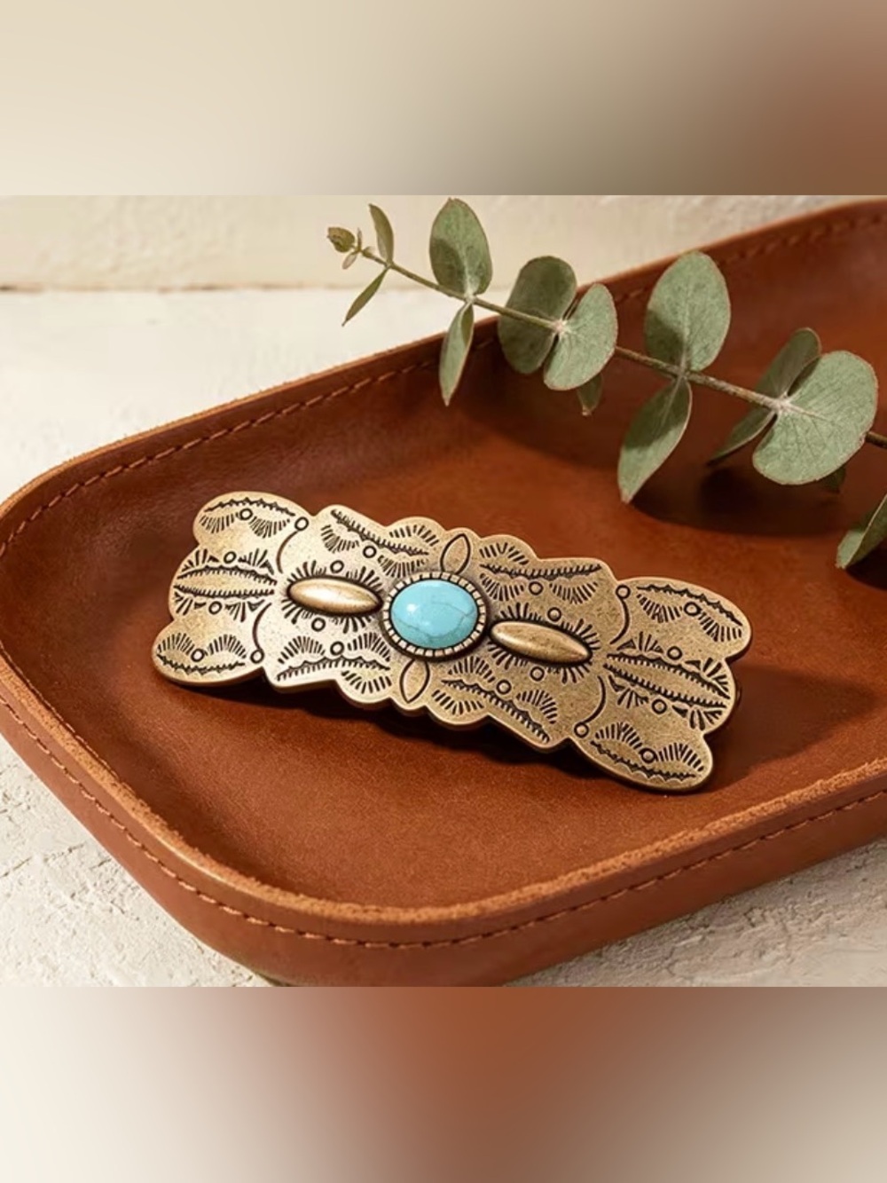Turquoise Stone Embellished Western Barrette - Bronze and Turquoise Colors